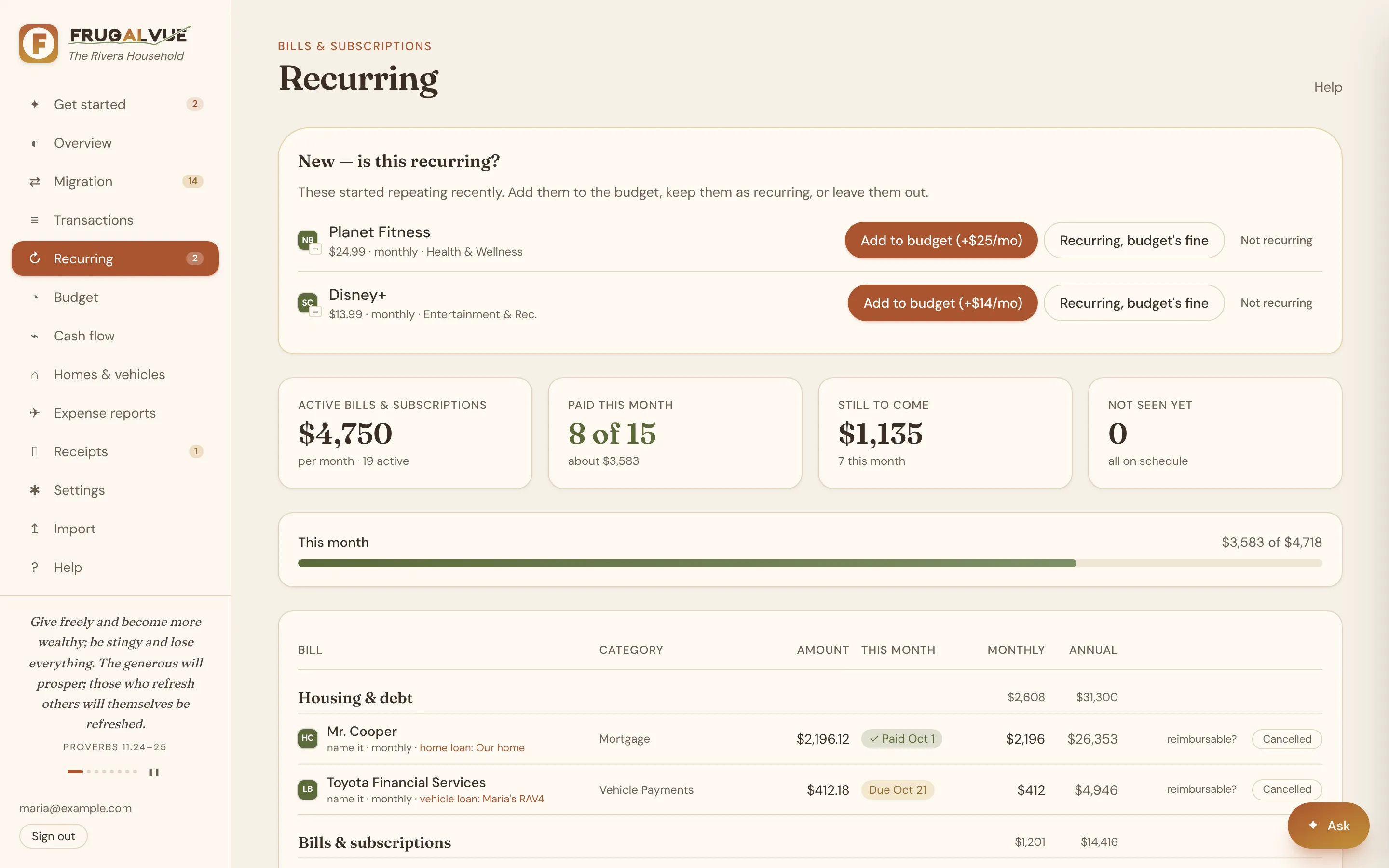 Recurring page: bills and subscriptions with frequency, amount and next date
